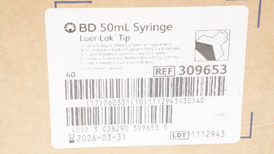 BD 309653 Syringe Luer-Lok Tip 50mL - Box of 40